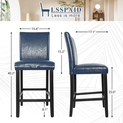 LSSPAID Counter Height Bar Stools Set of 2, 24.8 Inch Upholstered PU Leather Barstools, Modern Kitchen Island Chairs with Backrest and Solid Wood Legs, Navy Blue