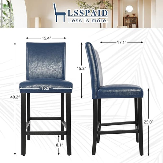 LSSPAID Counter Height Bar Stools Set of 2, 24.8 Inch Upholstered PU Leather Barstools, Modern Kitchen Island Chairs with Backrest and Solid Wood Legs, Navy Blue