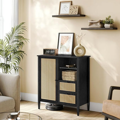 VASAGLE Boho Buffet Cabinet, Synthetic Rattan Sideboard with Drawers, Storage Cabinet with Adjustable Shelves, Ink Black UBBK242B01