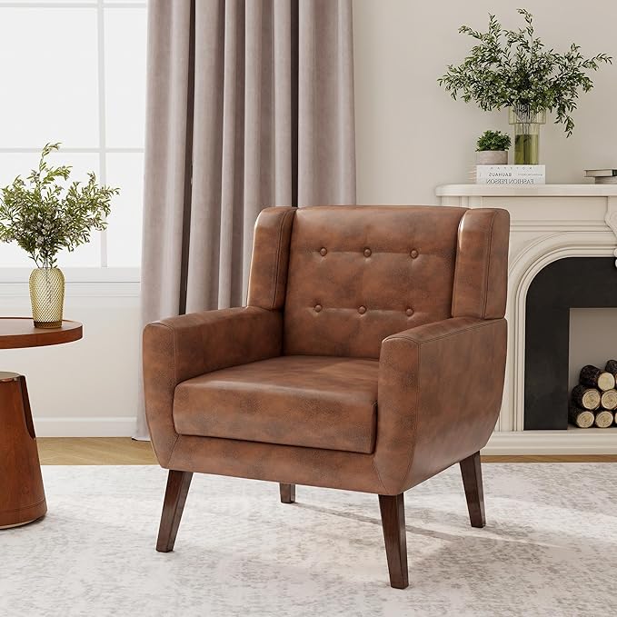 Lumibee Accent Chair, Modern Faux Leather Armchair for Living Room, Comfy Upholstered Arm Chair Tufted for Indoor Bedroom Office Room (P Coffee)