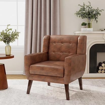 Lumibee Accent Chair, Modern Faux Leather Armchair for Living Room, Comfy Upholstered Arm Chair Tufted for Indoor Bedroom Office Room (P Coffee)