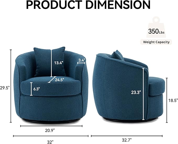 Swivel Accent Chair, Modern Upholstered Boucle Barrel Arm Chairs with Pillow for Living Room, 360 Degree Round Swivel Sherpa Armchair with Round Base for Bedroom Club (1, Dark Blue)