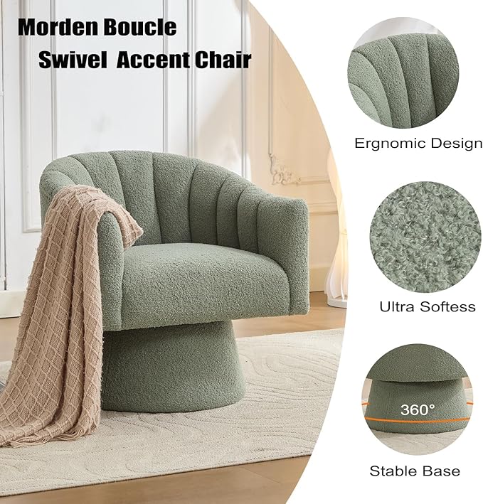Swivel Accent Chair,Upholstered Teddy 360° Swivel Barrel Chair for Living Room Overstuffed Bouncle Reading Chair Round Armchair for Bedroom,Vanity,Office-Green