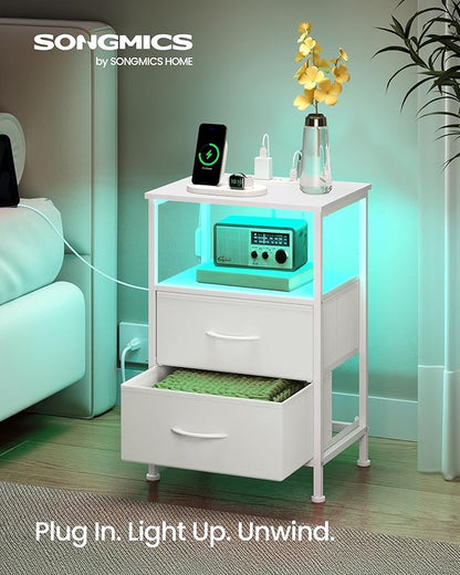 SONGMICS BELLAH Collection - Nightstand with Charging Station and App-Controlled Adjustable LED Lights, Bed Side Table, 2 Drawer and 1 Open Shelf, Bedroom, Cloud White and Snow White ULGS302WH01S