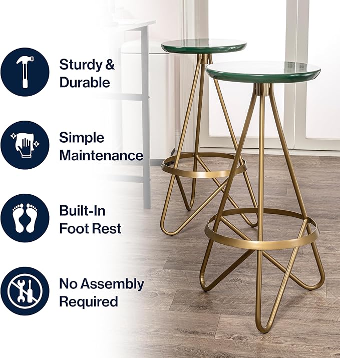 JONATHAN Y BSL1000B Spiroa 30" Modern Industrial Metal Backless Circular Bar Stool for Home, Kitchen, Dining Room, Workspaces, Cafes and Resturants, Green Seat with Gold Frame