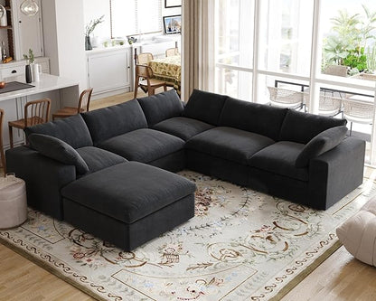 Cloud Modular Sectional Sofa for Livingroom,Large Down Filled Comfort Corner Sectional Sofa Couch with Ottoman,Wide Deep Seat Convertible Couches for Office Apartment,V Shaped,Black