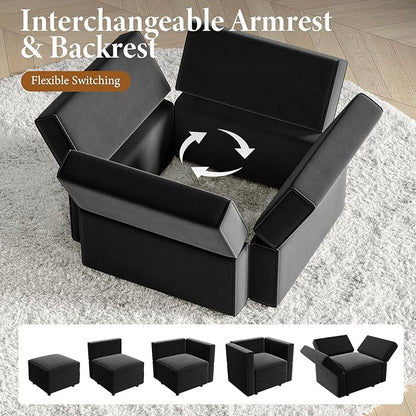 Vesgantti Sectional Couches with Storage Seats, 118" L Shaped Convertible Modular Sectional Sofa, 4 Seat & 1 Ottoman Velvet Storage Chaises Deep Seat Couch for Living Room, Bedroom, Apartment, Black
