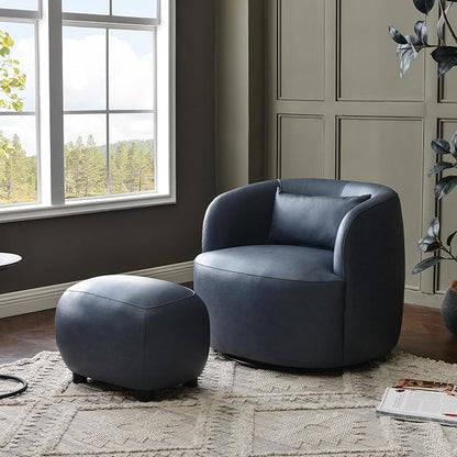 KINWELL 23" Wide Faux Leather Upholstered Ottoman, Mid-Century Modern Living Room Footrest with Soft Padded Seat, Footstool for Bedroom, Entryway or Living Room, Navy