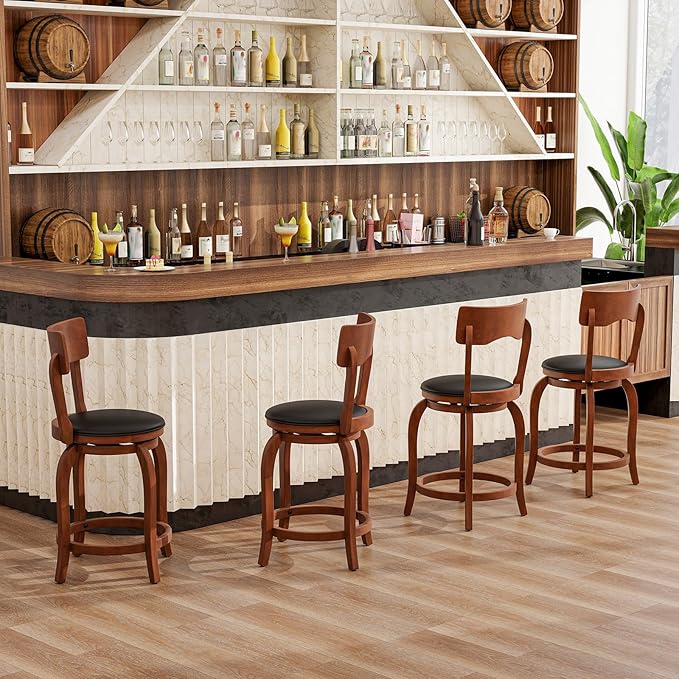 COSTWAY Bar Stools Set of 4, 24 Inch Swivel Counter Height Chairs with Rubber Wood Frame, Upholstered Seat, High Back Barstools for Kitchen Island, Home Bar, Pub, Brown (4, Seat Height: 24”)