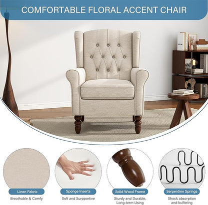 UIXE High Back Accent Chairs Set of 2, Fabric Upholstered Armchair Wingback Club Chair for Living Room, Comfy Single Sofa Bedroom Retro Reading Seat with Solid Wood Legs - Beige