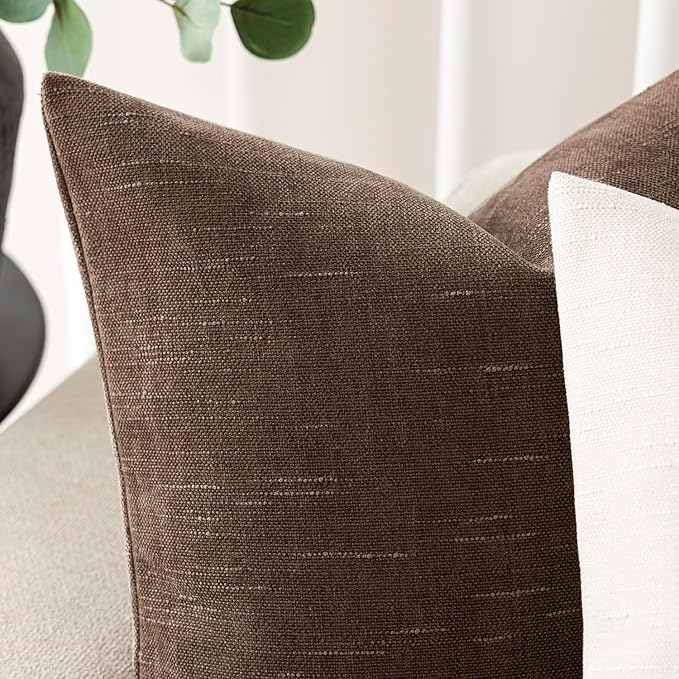 Foindtower Set of 2 Soft Textured Chenille Throw Decorative Pillow Covers Square Accent Solid Cushion Cover Cozy Neutral Farmhouse Pillow Case for Couch Sofa Bedroom Living Room 26x26 Inch, Chocolate