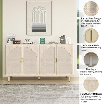 Beige Sideboard Cabinet with 4 Rattan Doors, Rattan Buffet Cabinet with Adjustable Shelves & Pine Legs, Boho Sideboard Buffet for Living Room, Kitchen, Entryway, Beige