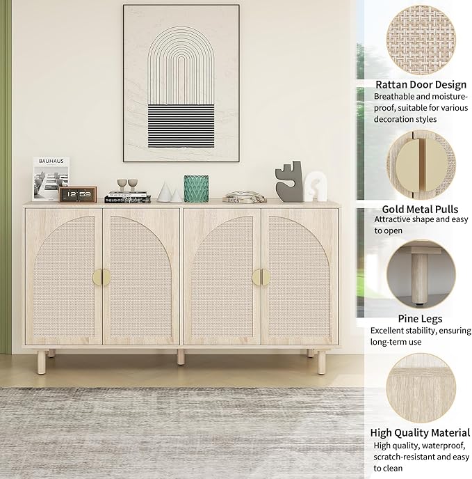 Beige Rattan 4-Door Buffet Cabinet - Boho Style Sideboard with Storage for Dining & Living Room