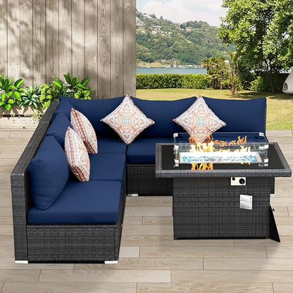 NICESOUL 6 Piece Modern Wicker Patio Furniture Set with Firepit Natural Gas/Propane, 29.3'' High-Back Deep Wide Seat Outdoor Conversation for Backyard, Oversized Sofa Couch, 2 Color Cushion Navy&Gray