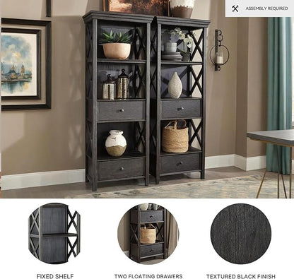 Signature Design by Ashley Tyler Creek Casual Farmhouse 75" Display Cabinet or Bookcase with Drawers and Shelf, Open Lattice Sides, Wood, Gray Black Finish