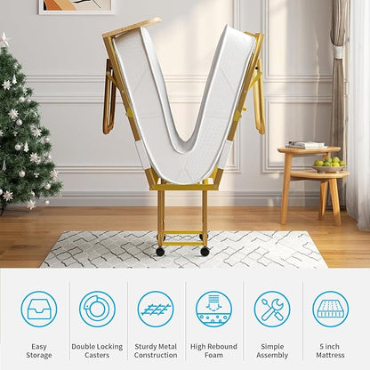 Mjkone Folding Bed with 5" Memory Foam Mattress & Upgraded 75x38 Frame Single Portable Guest Bed, Space-Saving Design, Lockable Wheels for Easy Moving, Quick Assembly & Compact Storage-Gold