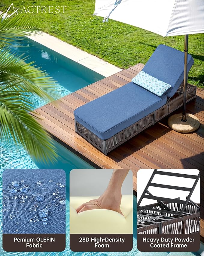 Luxury Outdoor Chaise Lounge Chairs of 4 with 5 Inch Thick Cushions and Side Table - 6 PCS High Back Brown Wicker Patio Recliners Lounger Furniture Set for Poolside Sunbathing - Navy Blue
