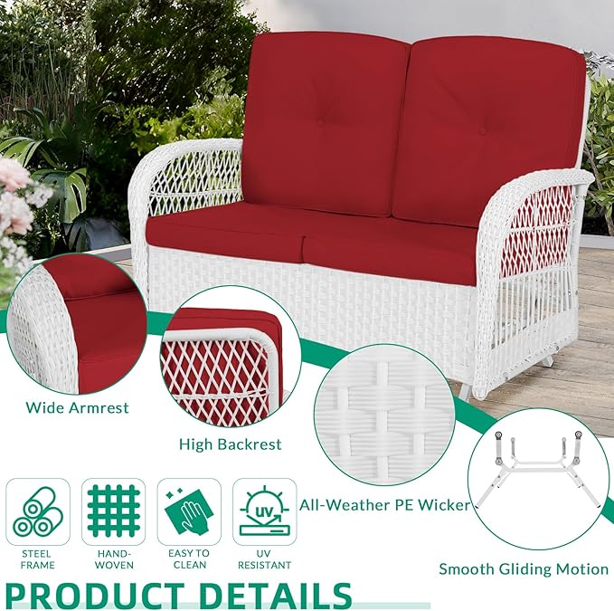 VIVIJASON 5-Piece Outdoor Patio White Wicker Conversation Sets, All Weather Outdoor Rattan Furniture Set Includes Glider Loveseat, 2 Coffee Table, 2 Swivel-Gliders Chairs with Cushions, Red