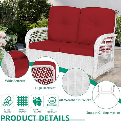 VIVIJASON 5-Piece Outdoor Patio White Wicker Conversation Sets, All Weather Outdoor Rattan Furniture Set Includes Glider Loveseat, 2 Coffee Table, 2 Swivel-Gliders Chairs with Cushions, Red