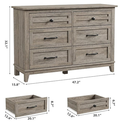 GarveeHome 6 Dresser for Bedroom, 47 in Wide Drawer Dresser with Storage Freestanding, Wooden Closet Storage Chest for Living Room, Bedroom, Entryway, Grey