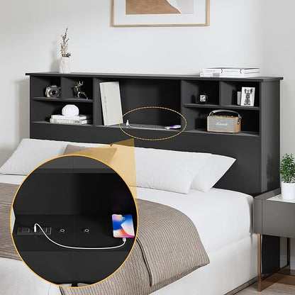 Queen/Full Headboard Only for Bedroom, Stylish Bookcase Headboard with Charging Station & 2 LED Lights, Engineered Wood Queen Size Headboard, Noise-Free HeadBoard with Storage, Black