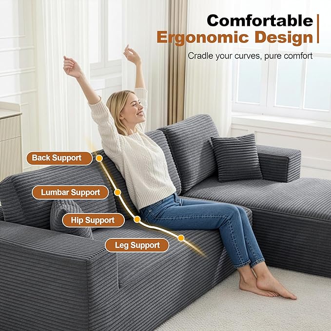 106" Cloud Modular Sectional Sofa Couch,L-Shape Modern Boneless Sectional Couch with Deep Seat,Upholstered Couches for Living Room Bedroom,No Assembly Required,Grey