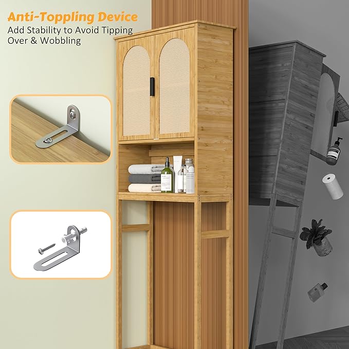 Bamboo Over-The-Toilet Storage Shelf with Inverted U-Shaped Doors, Rattan Surface Bathroom Freestanding Space Saver Organizer with Shelves, Natural