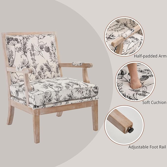 chairus Farmhouse Linen Accent Chair for Living Room, Upholstered Reading Chair with Solid Wood Frame Lounge Arm Chair with High Back for Bedroom, Reception Room, Waiting Room, Floral Pattern