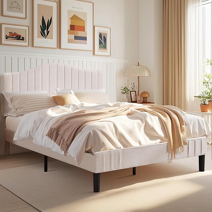 VECELO Queen Size Bed Frame Upholstered Platform Beds with Height-Adjustable Teddy Fabric Headboard, Strong Wood Slats 7.9'' Under Bed Storage Space Noise-Free No Box Spring Needed, Cream