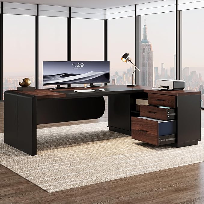Tribesigns 81'' L-Shaped Executive Desk, Large Modern Office Desk with Drawers and File Cabinet for Home or Business Workspace, Computer Desk with Storage Shelves, Walnut & Black