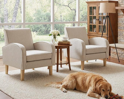 Farmhouse Striped Accent Chair for Living Room Set of 1, Linen Fabric Modern Comfy Armchairs with Cushion, Upholstered Striped Reading Chairs for Bedroom Couch Chair with Wood Legs, Khaki