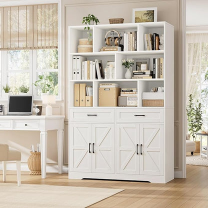 HOSTACK 71" Tall Bookcase with Drawers and Doors, 47" Wide Book Shelf and Bookcase with Storage, 6 Tier Large Book Storage Cabinet with 14" Deep Display Shelves for Living Room, Home Office, White