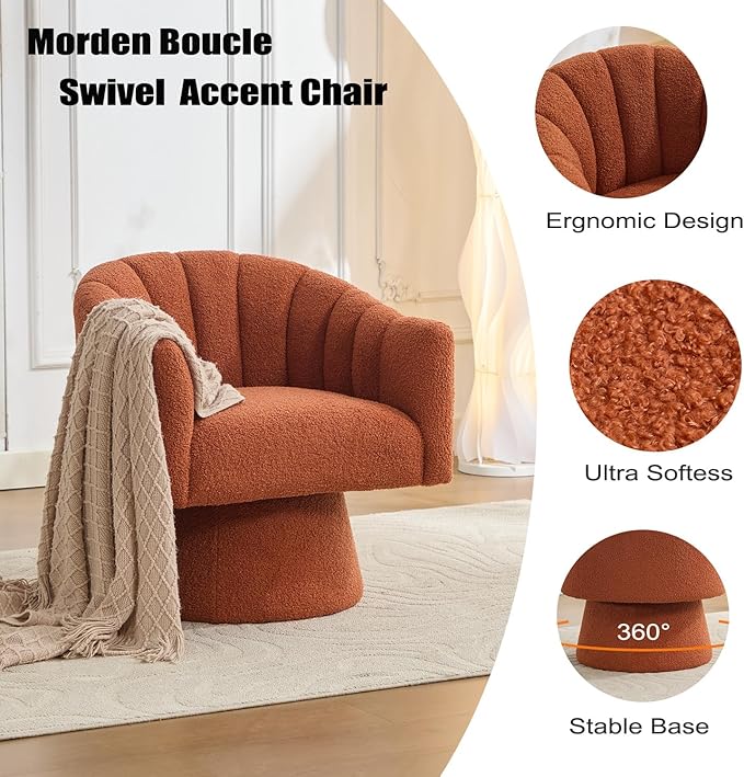 Swivel Accent Chair Set of 2, Upholstered Teddy 360° Swivel Barrel Chair for Living Room Overstuffed Bouncle Reading Chair Round Armchair for Bedroom,Vanity,Office-Orange