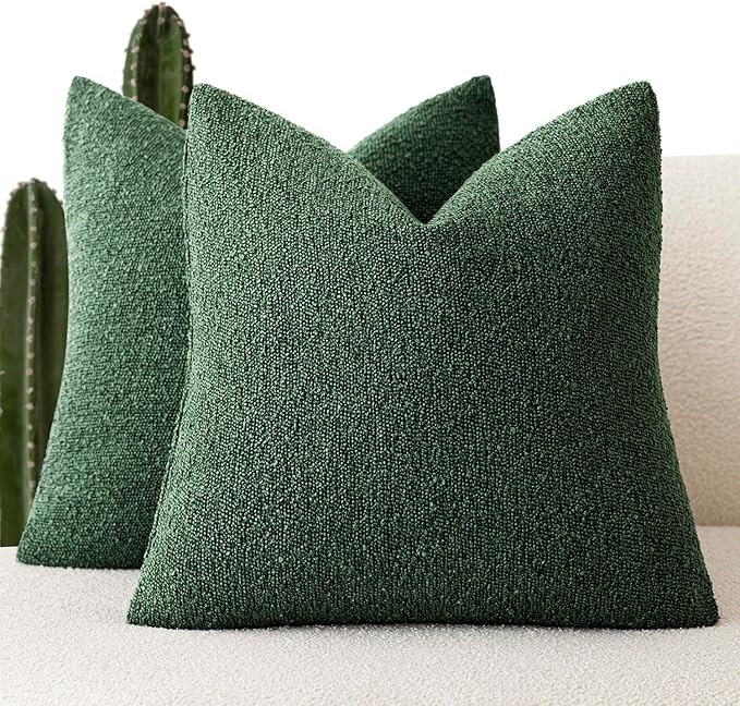 Foindtower Pack of 2 Textured Boucle Throw Pillow Covers Neutral Accent Solid Decorative Pillow Cases Cozy Woven Couch Cushion Case for Sofa Bedroom Living Room Home Decor 20x20 Inch Pine Green