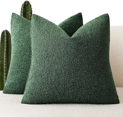 Foindtower Pack of 2 Textured Boucle Throw Pillow Covers Neutral Accent Solid Decorative Pillow Cases Cozy Woven Couch Cushion Case for Sofa Bedroom Living Room Home Decor 20x20 Inch Pine Green