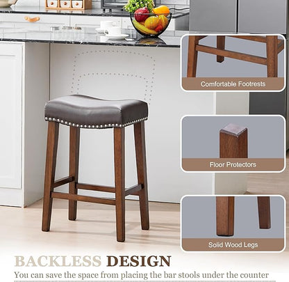 PrimeZone Counter Height Bar Stools Set of 2 - Backless Saddle Barstools with 4.3" Thick Upholstered, Nailhead Trim Faux Leather & Solid Wood Legs, 26 Inch Counter Stools for Kitchen Island, Brown