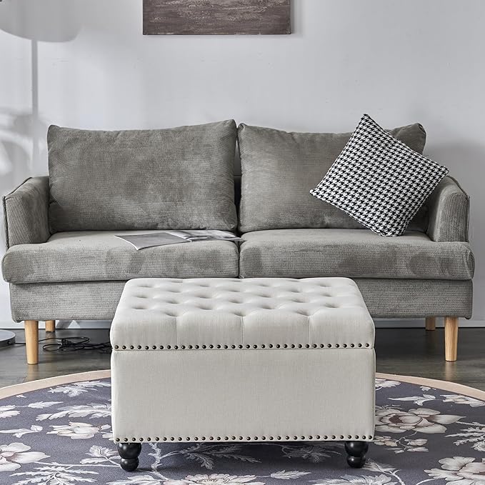 Ottoman with Storage, Large Storage Ottoman, 30 in Square Ottoman Coffee Table,Tufted Upholstered Coffee Tables for Living Room, Beige