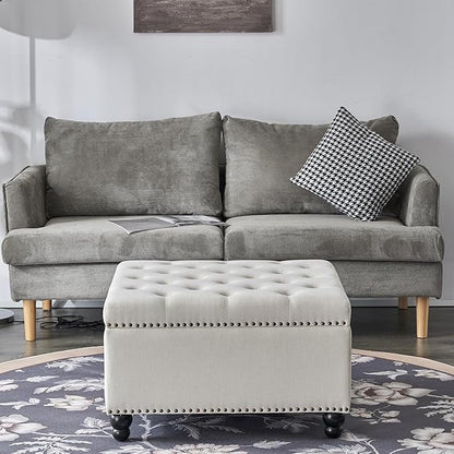 Ottoman with Storage, Large Storage Ottoman, 30 in Square Ottoman Coffee Table,Tufted Upholstered Coffee Tables for Living Room, Beige