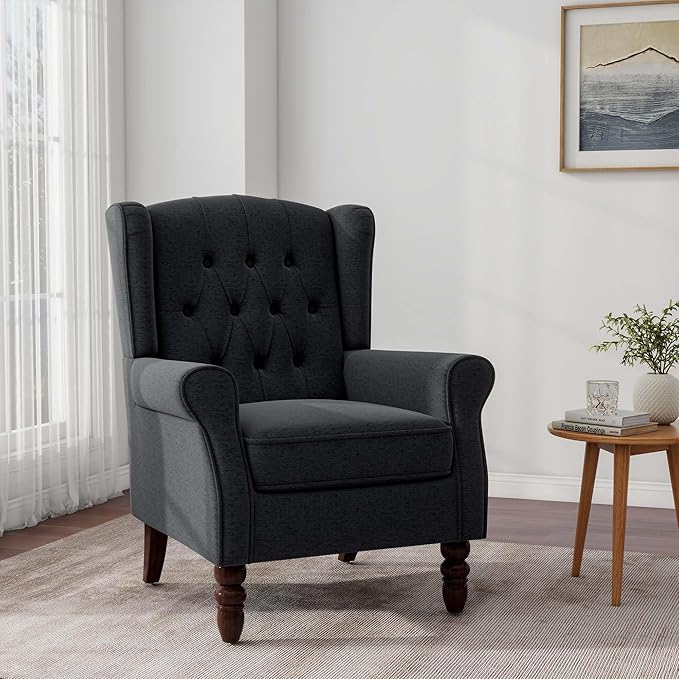 Accent Chair, Upholstered Armchair with Button Tufted High Back & Solid Wood Legs, Comfy Wingback Reading Single Sofa Chair for Small Spaces, Living Room, Bedroom (Blue, Set of 2)