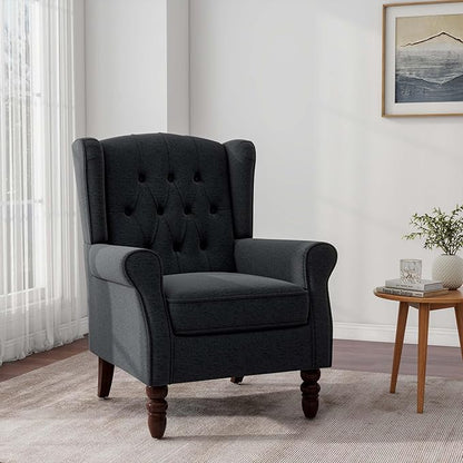 Accent Chair, Upholstered Armchair with Button Tufted High Back & Solid Wood Legs, Comfy Wingback Reading Single Sofa Chair for Small Spaces, Living Room, Bedroom (Blue, Set of 2)