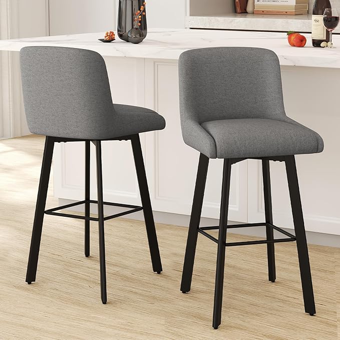 Swivel Bar Stools Set of 2, 30''H Upholstered Barstools with Backs, Modern Counter Height Bar Stool Chairs for Kitchen Island, Metal Legs, Fabric, Gray Counter Stools