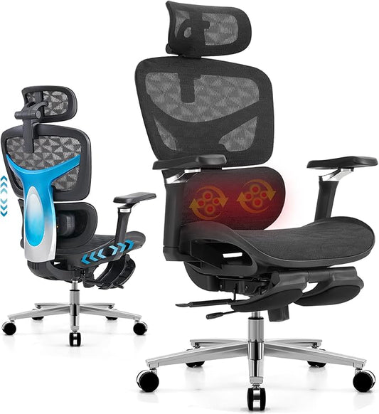 Ergonomic Home Office Desk Chair with Massage Lumbar Support，4D Headrest & 5D Armrests, Reclining Big and Tall 400LBS Mesh Chair with Footrest，Adjustable Back High and Seat Depth(Black)