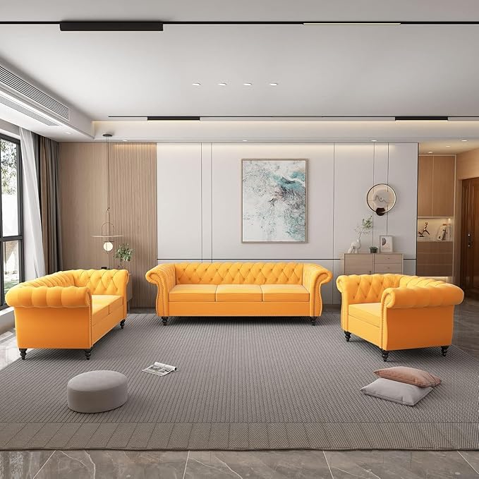 Living Room Chair, Modern Velvet Chesterfield Sofa Chair, Mid Century Single Sofa Couch Chair with Tufted Back and Rolled Arms, Accent Sofa Chair for Living Room Apartment, Yellow