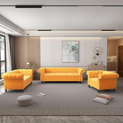 Chesterfield Loveseat Sofa, Modern Velvet Small Sofa Couch 2 Seater with Rolled Arms and Nailhead, Mid Century Modern Loveseat Couch for Small Spaces Living Room Bedroom Apartment, Yellow
