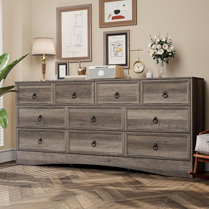 Farmhouse 10 Drawer Dresser for Bedroom – 63'' Long Dresser Wood Chest of Drawers,TV Stand for 75 inch TV, Storage Organizer Furniture, Hallway, Entryway, Closet, Brownish Grey