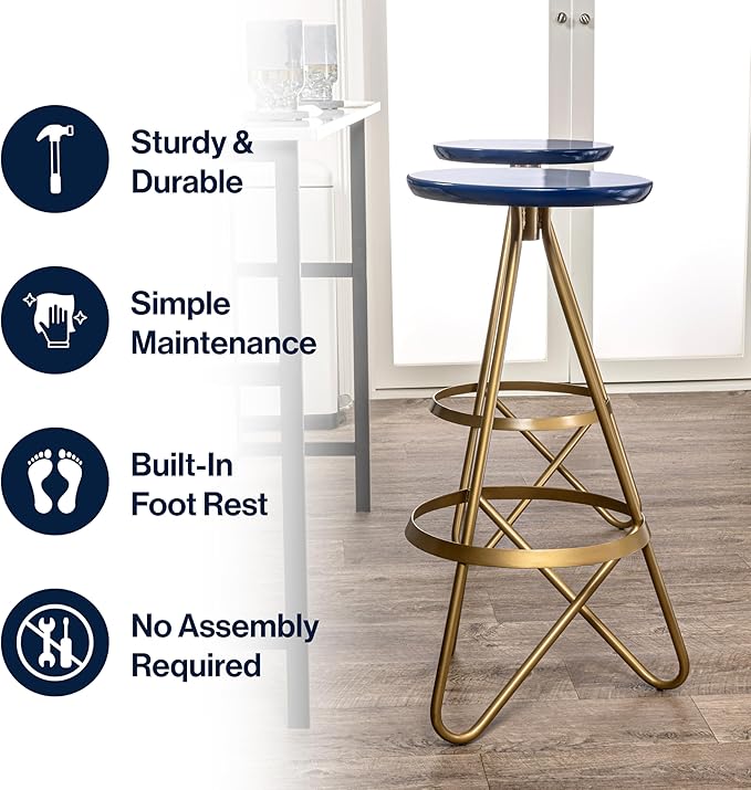 JONATHAN Y BSL1000A Spiroa 30" Modern Industrial Metal Backless Circular Bar Stool for Home, Kitchen, Dining Room, Workspaces, Cafes and Resturants, Navy Seat with Gold Frame
