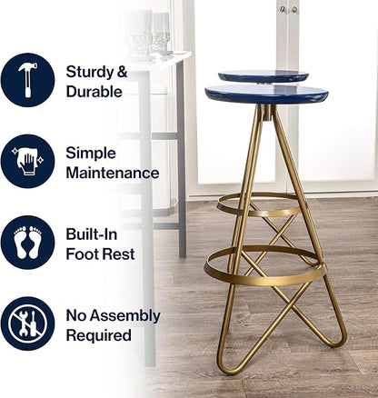 JONATHAN Y BSL1000A Spiroa 30" Modern Industrial Metal Backless Circular Bar Stool for Home, Kitchen, Dining Room, Workspaces, Cafes and Resturants, Navy Seat with Gold Frame