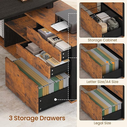 SEDETA 71" Executive Desk with File Cabinet, Large Office Desk with Drawers and Shelves, L Shaped Computer Desk with Power Outlets, Business Furniture Desk Workstation for Home Office, Brown