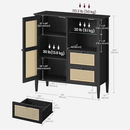 VASAGLE Boho Buffet Cabinet, Synthetic Rattan Sideboard with Drawers, Storage Cabinet with Adjustable Shelves, Ink Black UBBK242B01