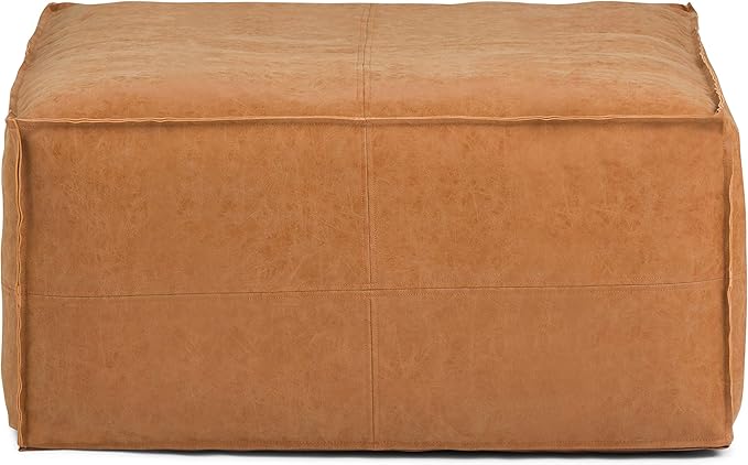 SIMPLIHOME Brody 30-inch Wide Large Square Coffee Table Pouf in Distressed Brown, Vegan Faux Leather Ottoman, Footrest, or Extra Seating for Living Room, Assembled